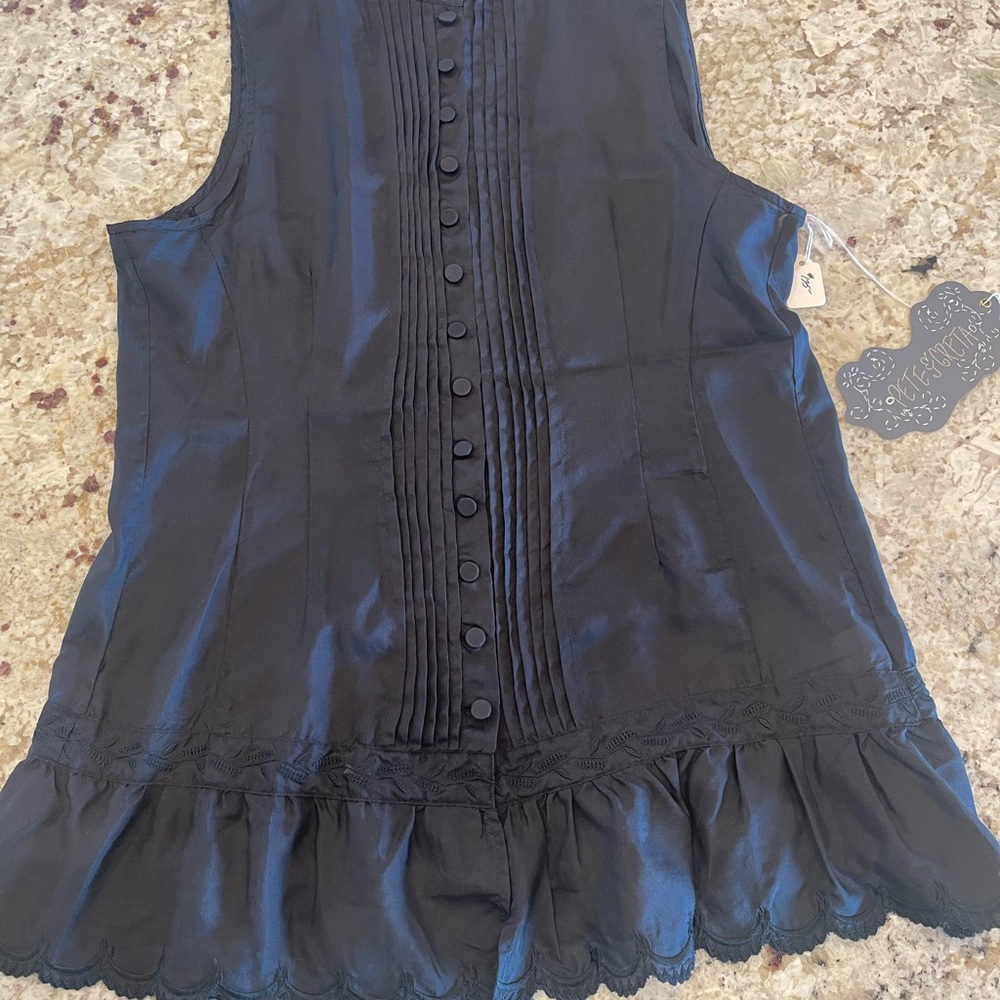 Pete and Greta Elegant Silk Black Sleeveless Top Medium Embroidery